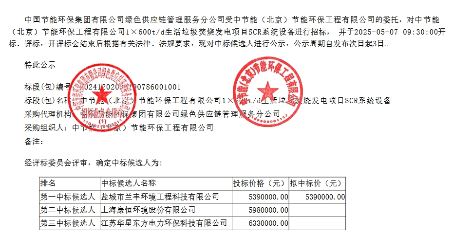 kaiyun入口：539万！兰丰环境预中标中节能600td垃圾发电项目SCR系统设备(图1)